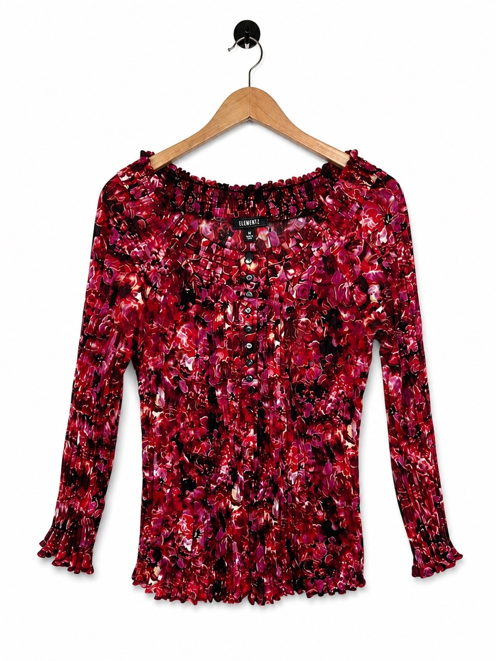 Elementz Floral Pintuck Blouse Medium Red Pink Long Sleeve Button Front